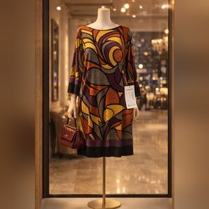 Dressbarn 1X All Over Abstract Print Shift Dress Wearable Art Fall Colors NWT